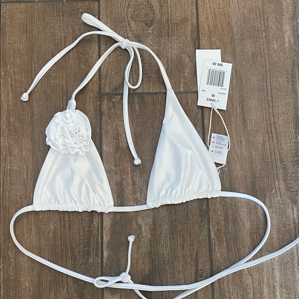 L*Space White Triangle Bikini Top with Floral Accent